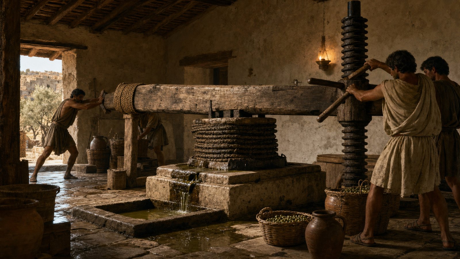 A Roman lever-and-screw press combines a threaded rod, long beam and resistant timber frame to compress a layered olive or grape load.