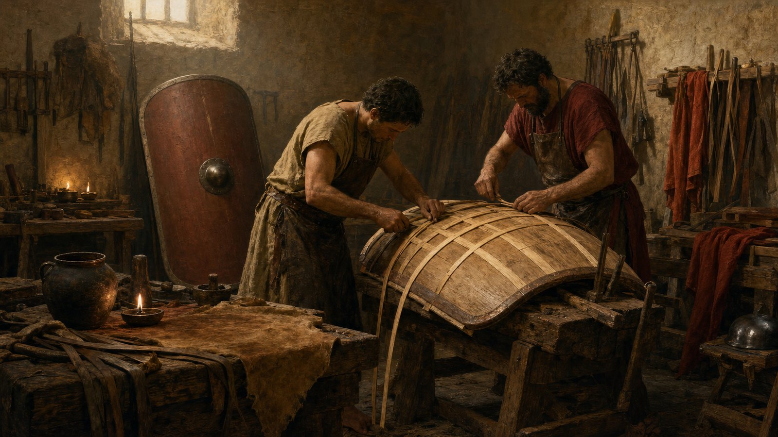 An armorer pressed crossed wooden layers over a curved form before adding facing, edging, grip and a plain central boss.