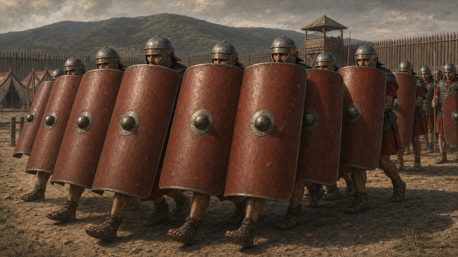 Legionaries practiced keeping curved scuta aligned while advancing, making separate shields cover the seams between moving bodies.
