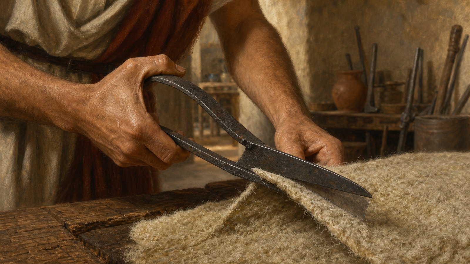A Roman-period spring shear closes as its two long blades pass side by side; the U-shaped bow below stores the force that opens them again.