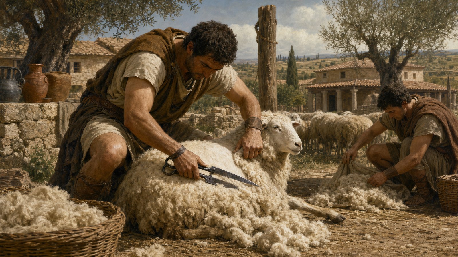 Cloth spread beneath a sheep catches clipped wool while short, controlled closures keep the paired edges close to the fleece and away from folded skin.