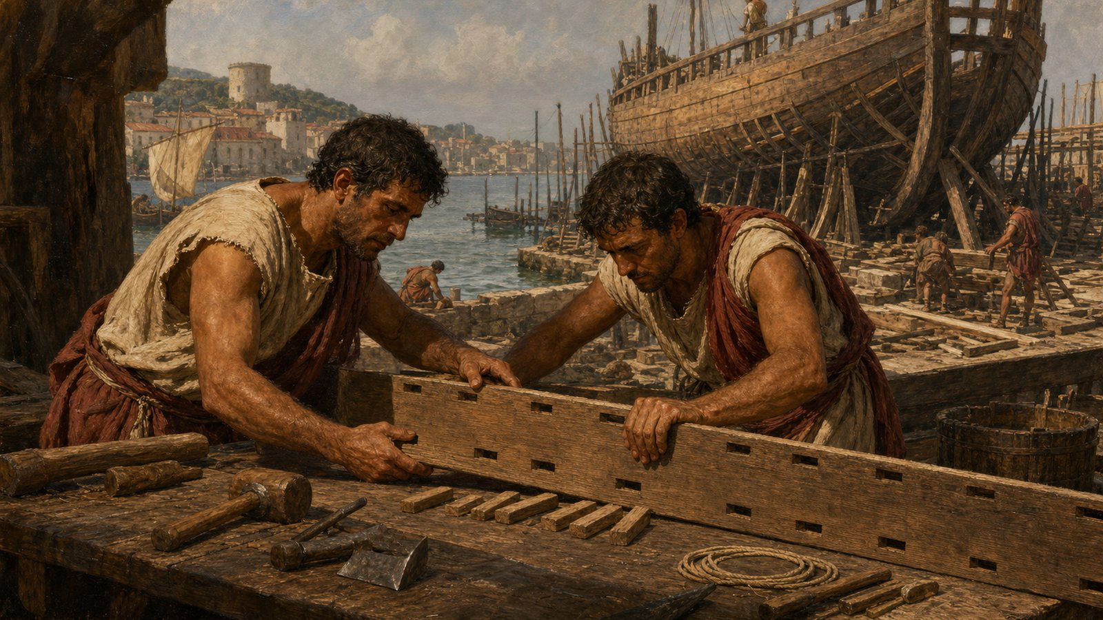 Shipwrights align thick hull planks whose edge mortises will receive hundreds of hidden wooden tenons.