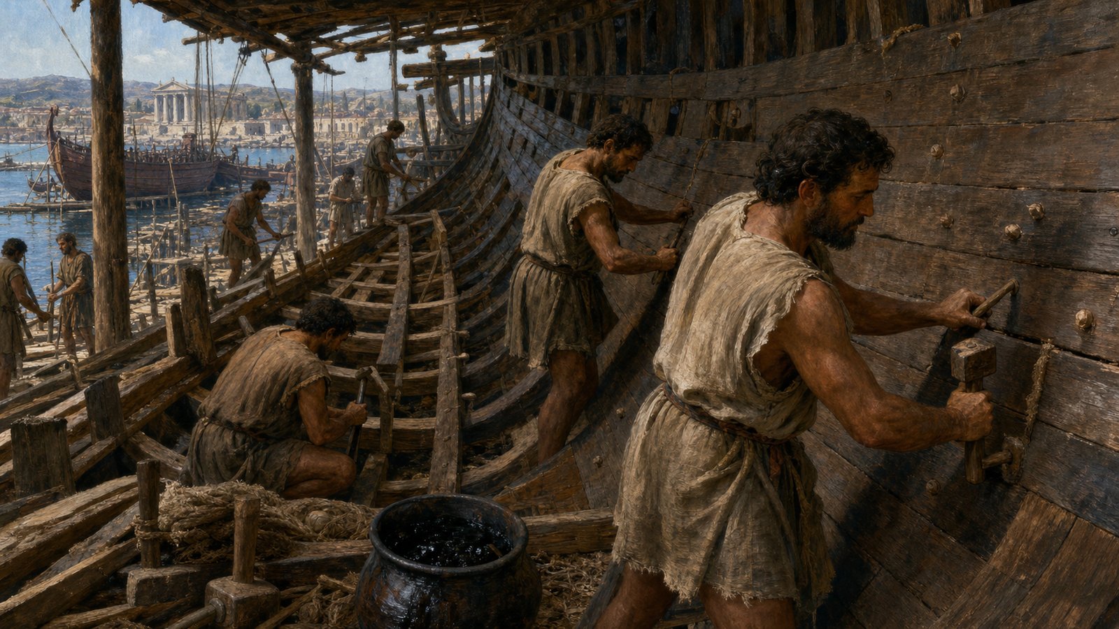 Inside the rising shell, workers peg joined strakes before fitting internal frames against the established curve.
