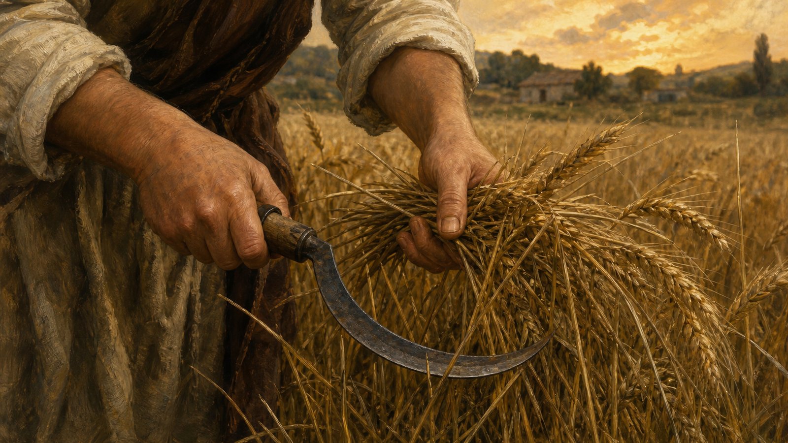 A Roman reaper grips a small sheaf while an inward-curving iron sickle gathers standing cereal stems into its edge.