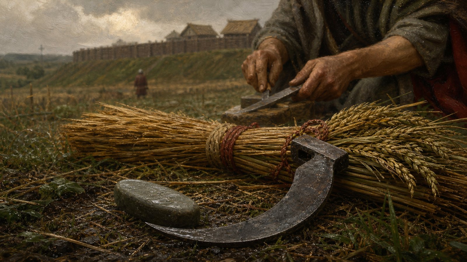 A worn square-tanged sickle rests beside a sharpening stone and freshly cut bundles near a Romano-British hillfort.