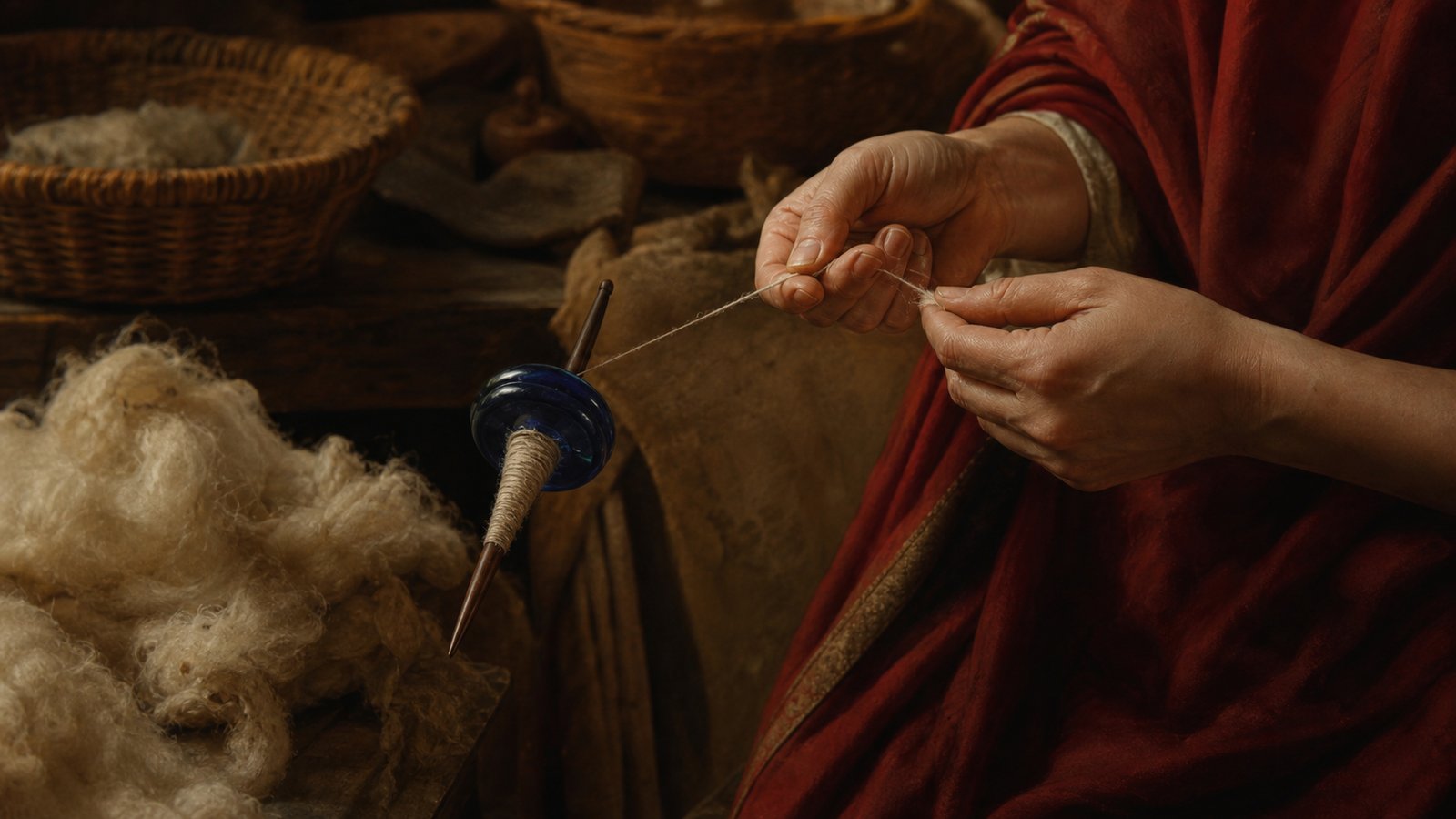 A Roman spinner drafts pale wool while a cobalt glass whorl keeps a suspended wooden spindle turning.
