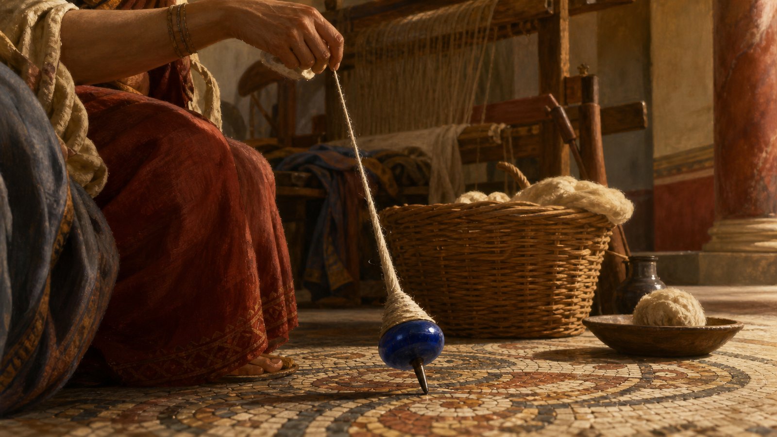 The whorl slows near the floor as newly twisted yarn is pinched and prepared to wind onto the spindle.