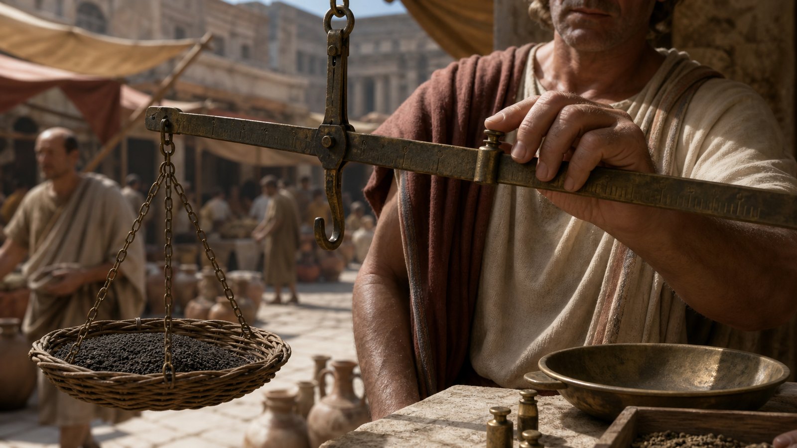 A merchant slides the counterpoise along an unequal beam while goods hang from the short arm.