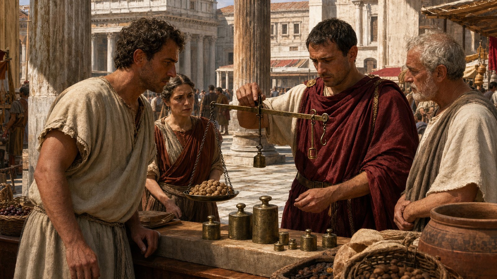 An official checks a market steelyard against standard weights as witnesses watch the pivot settle.