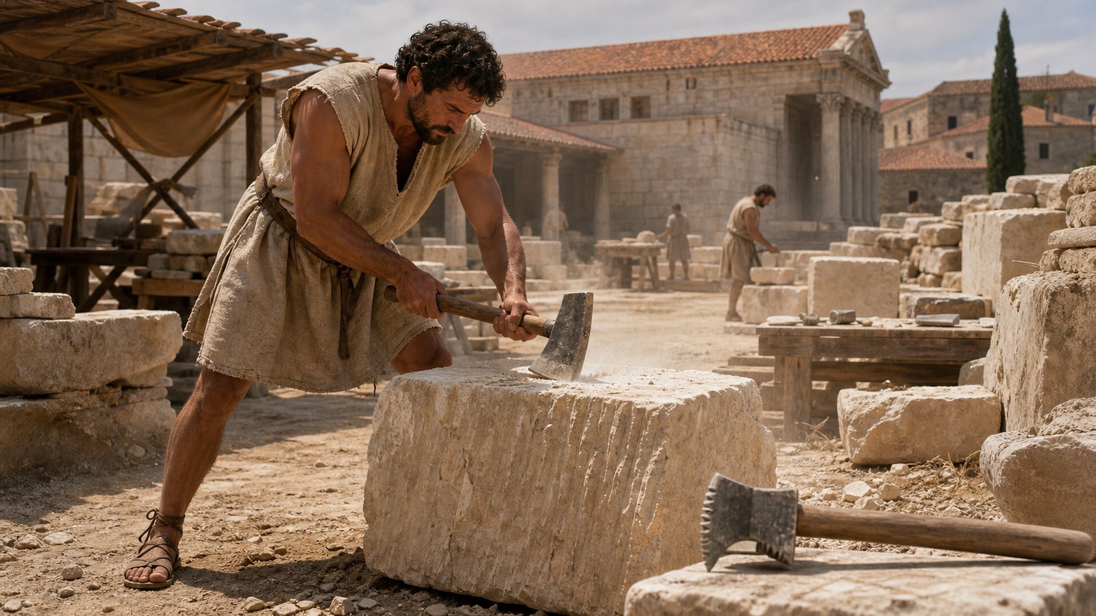 A Roman provincial stoneworker swings a wide flat-edged stone axe against a soft limestone building block, rough parallel facets visible and no timber-cutting scene.