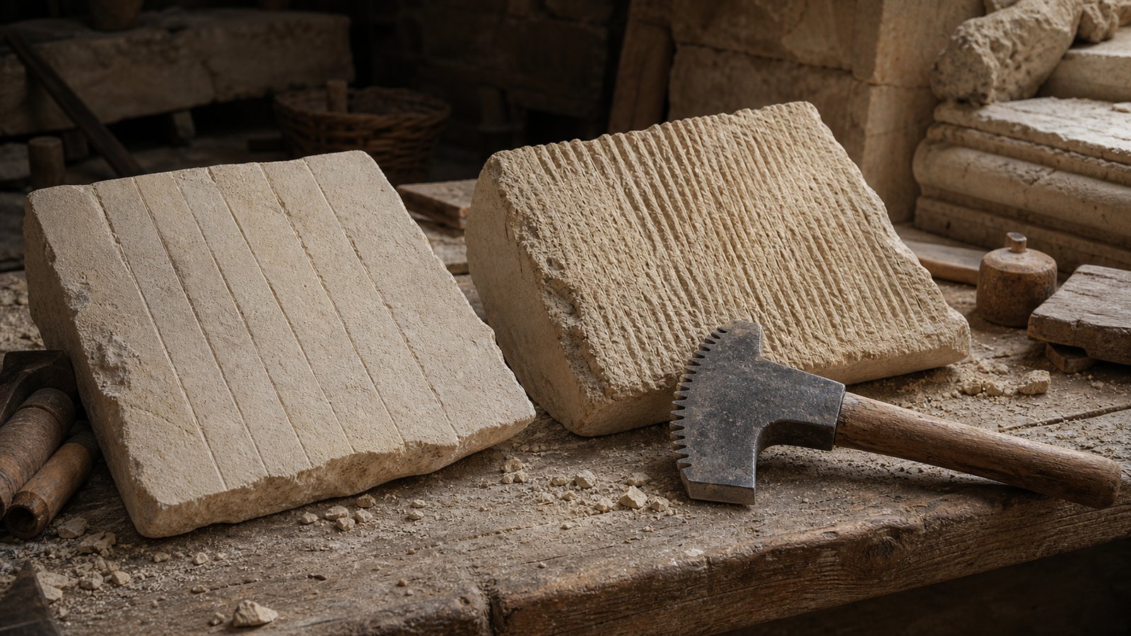 Close view of one generic sandstone block bearing flat bands and another bearing toothed comb marks, with a handled Roman stone axe resting nearby, no labels or text.
