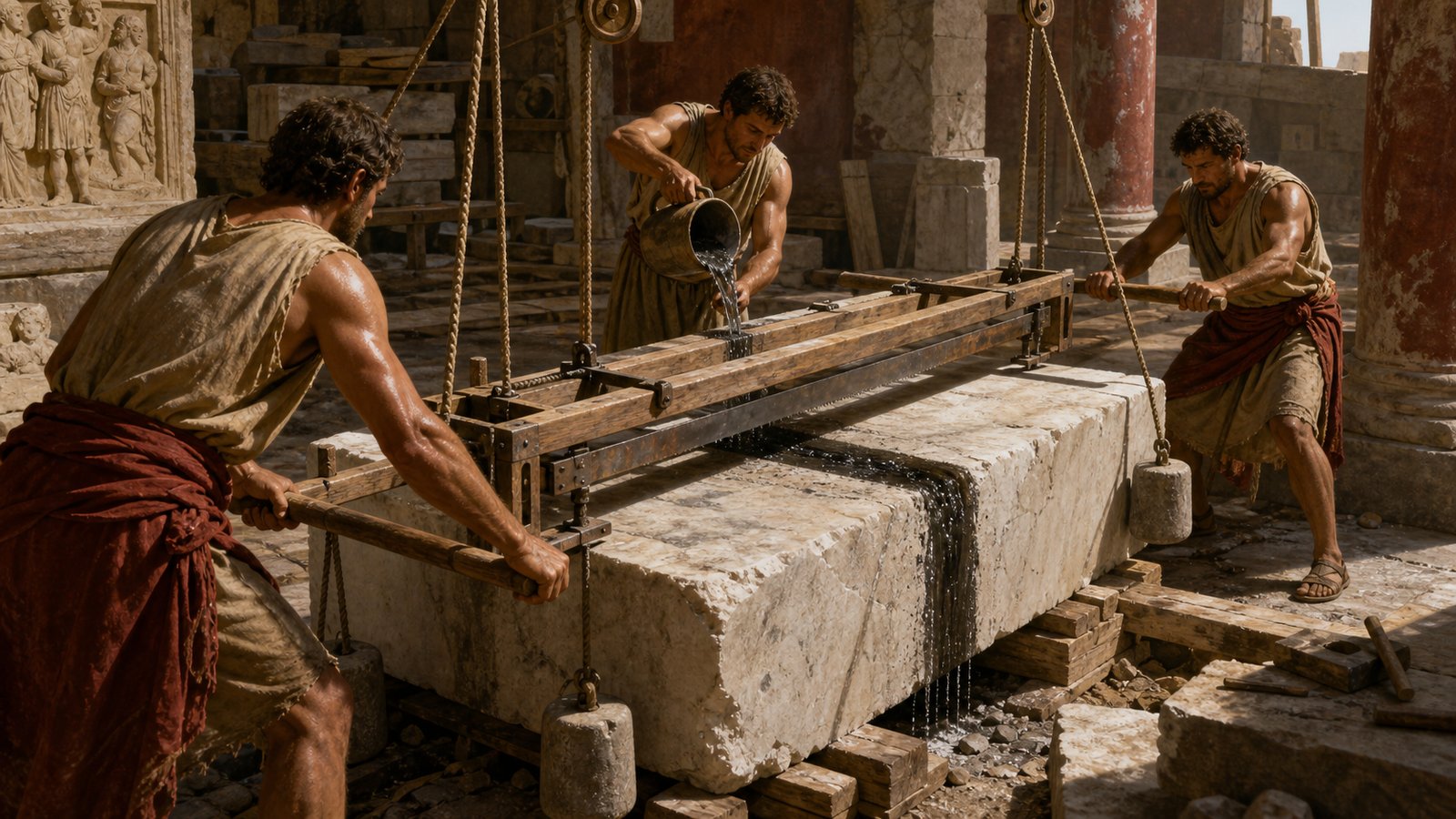 Two Roman stoneworkers pull a long framed saw in alternating rhythm while wet abrasive slurry runs through a marble block.