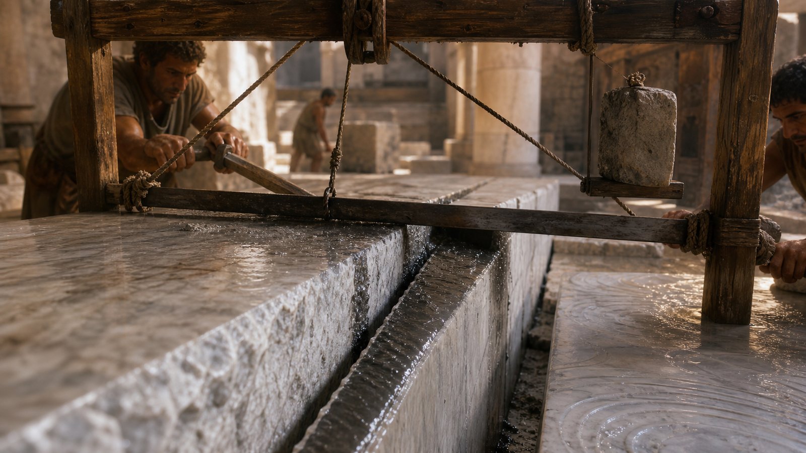 A suspended Roman stone-saw frame keeps a narrow blade level as water and dark grit feed the deepening kerf.