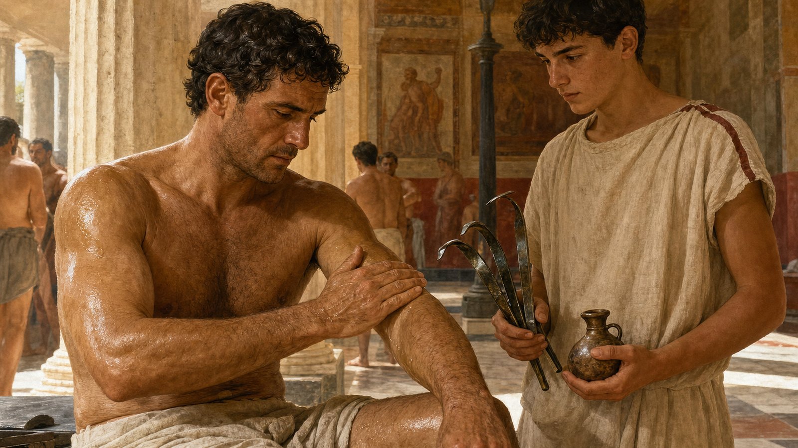 A bather could apply oil before placing the curved strigil against the skin and scraping away oil, dirt and perspiration.