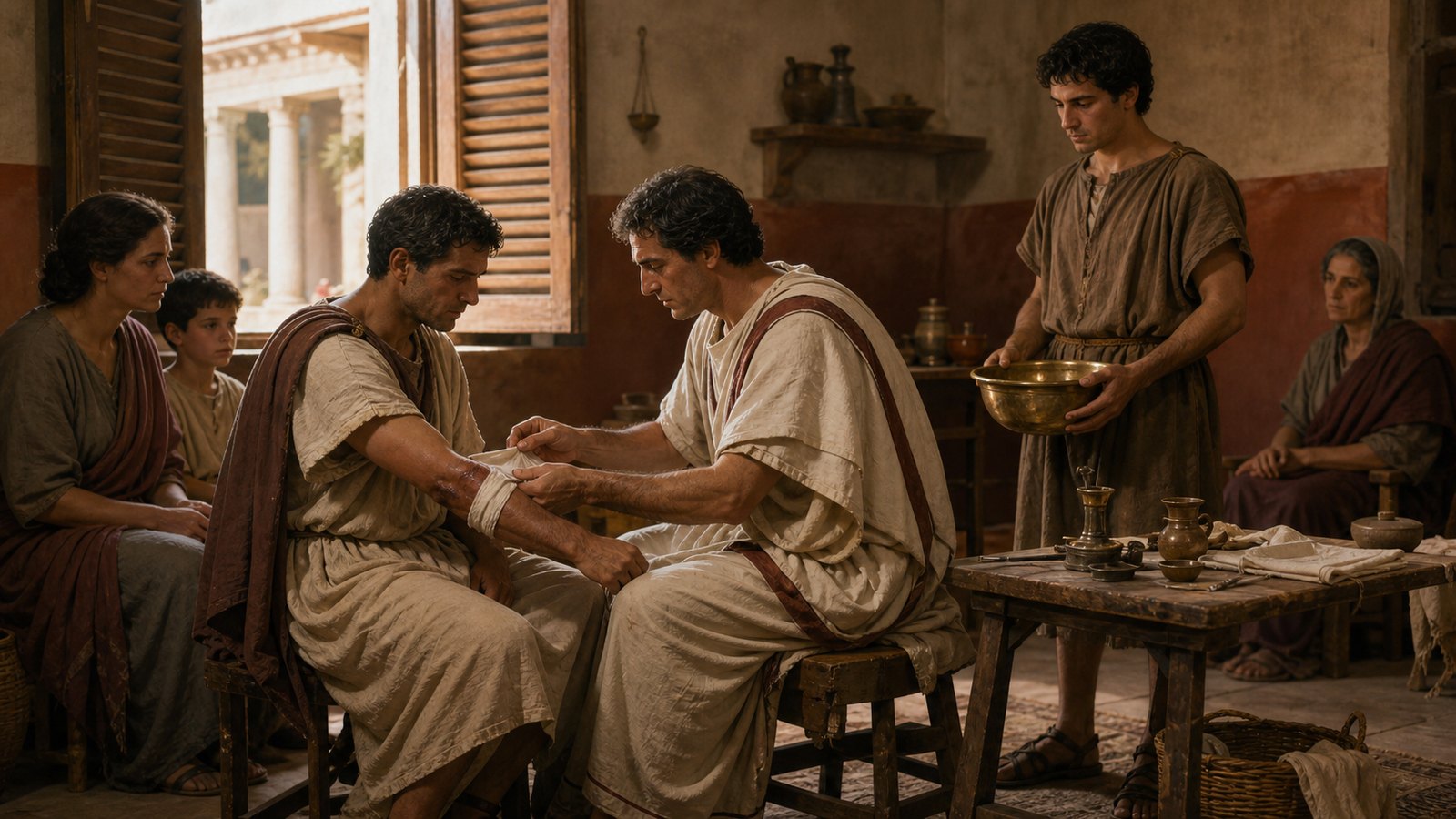 A medicus entered the patient’s room with observation, cloth, water, helpers, and tools rather than a modern hospital.
