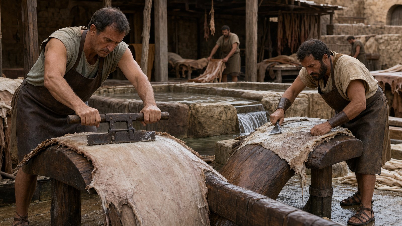 Tanners work soaked hides over curved beams, removing loosened hair and flesh beside lime pits and running water.