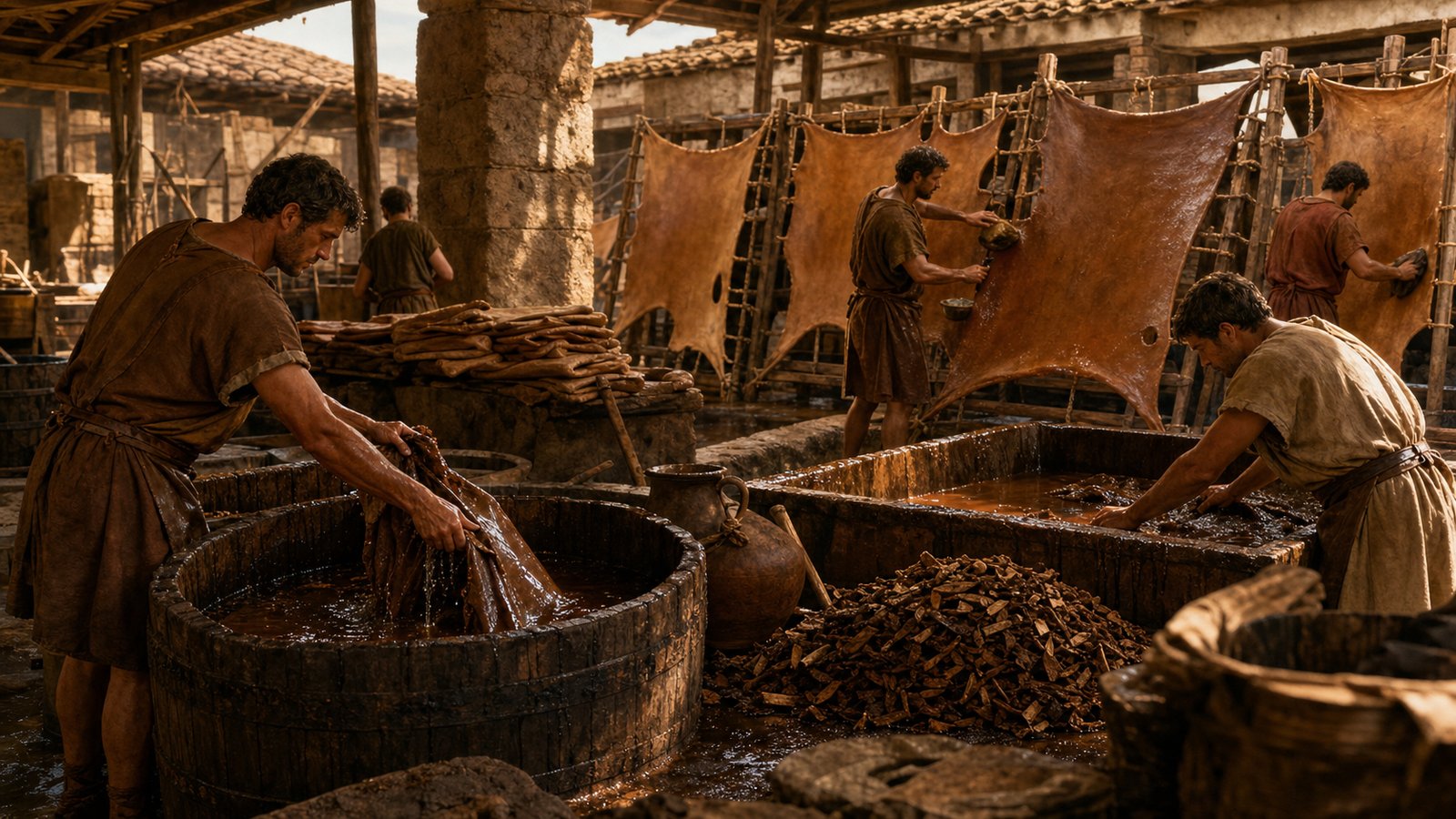 Workers turn prepared hides through bark-tannin vats, then stretch and work the preserved leather as it dries.