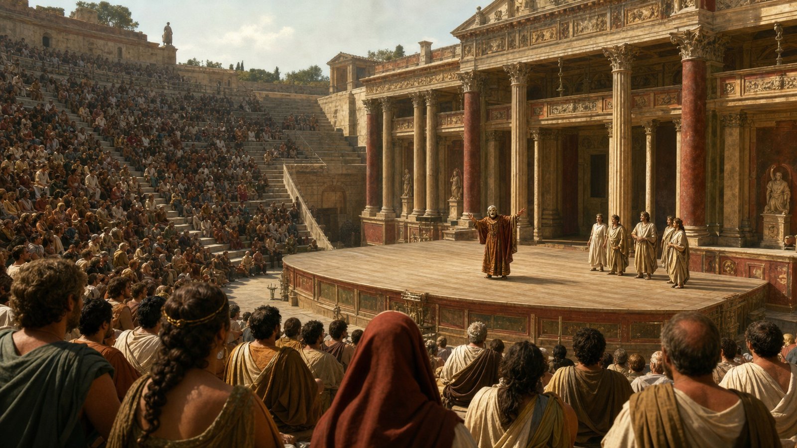 A masked actor uses costume and broad gesture to make a role readable across a large open-air theatre.
