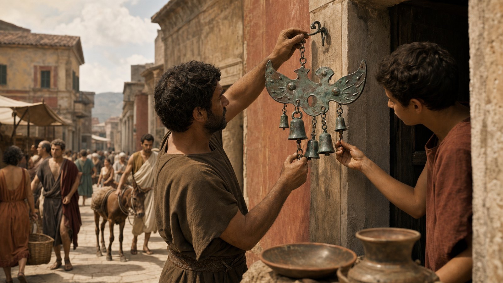 A compact bronze tintinnabulum hangs beside a Roman shop entrance, with several small bells free to move beneath its protective figure.