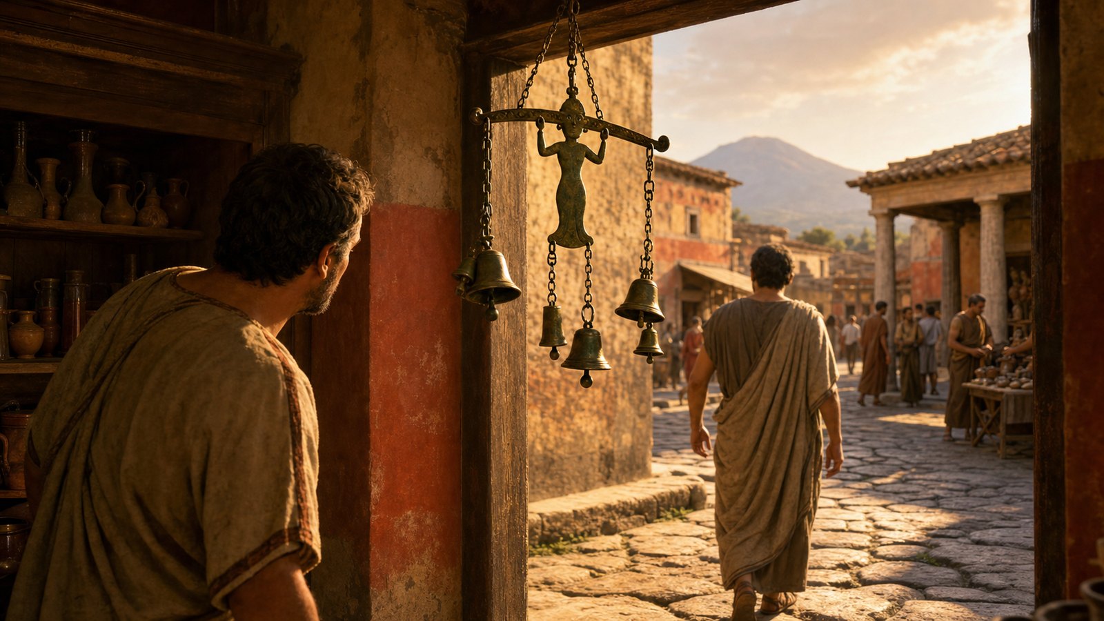 A visitor passes a Pompeian doorway as suspended bronze bells stir and ring above the threshold.