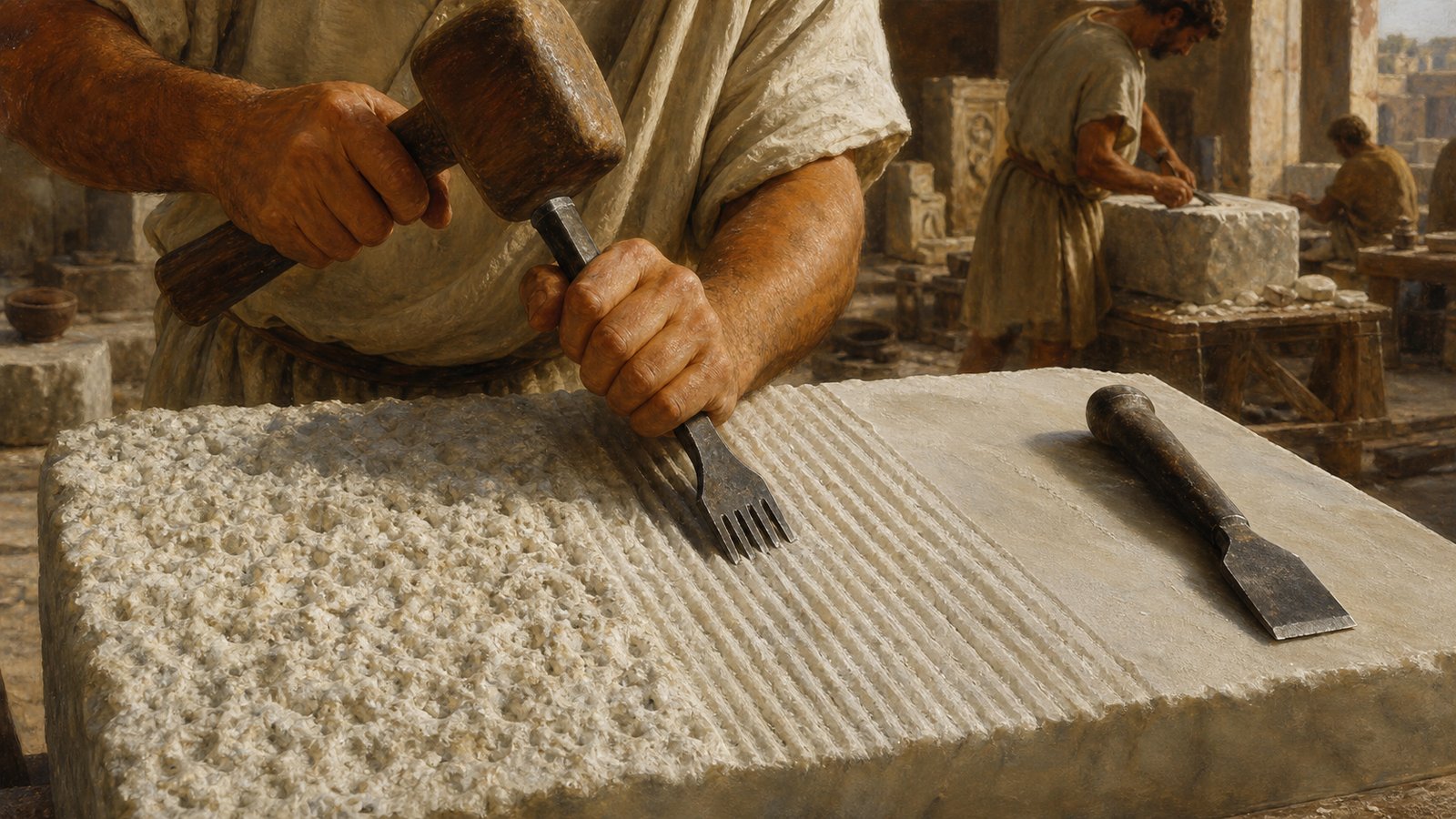 A Roman stone carver holds a three-toothed chisel at an oblique angle as a mallet blow creates crisp parallel tracks in pale marble.