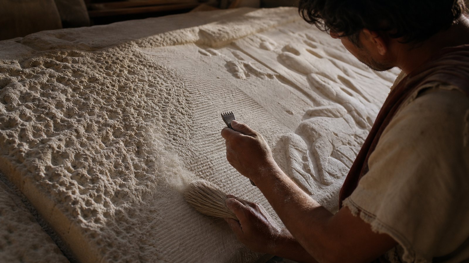 Raking light crosses a generic Roman relief, showing point-chisel pits becoming ordered tooth-chisel grooves and then a flat-chisel finish.