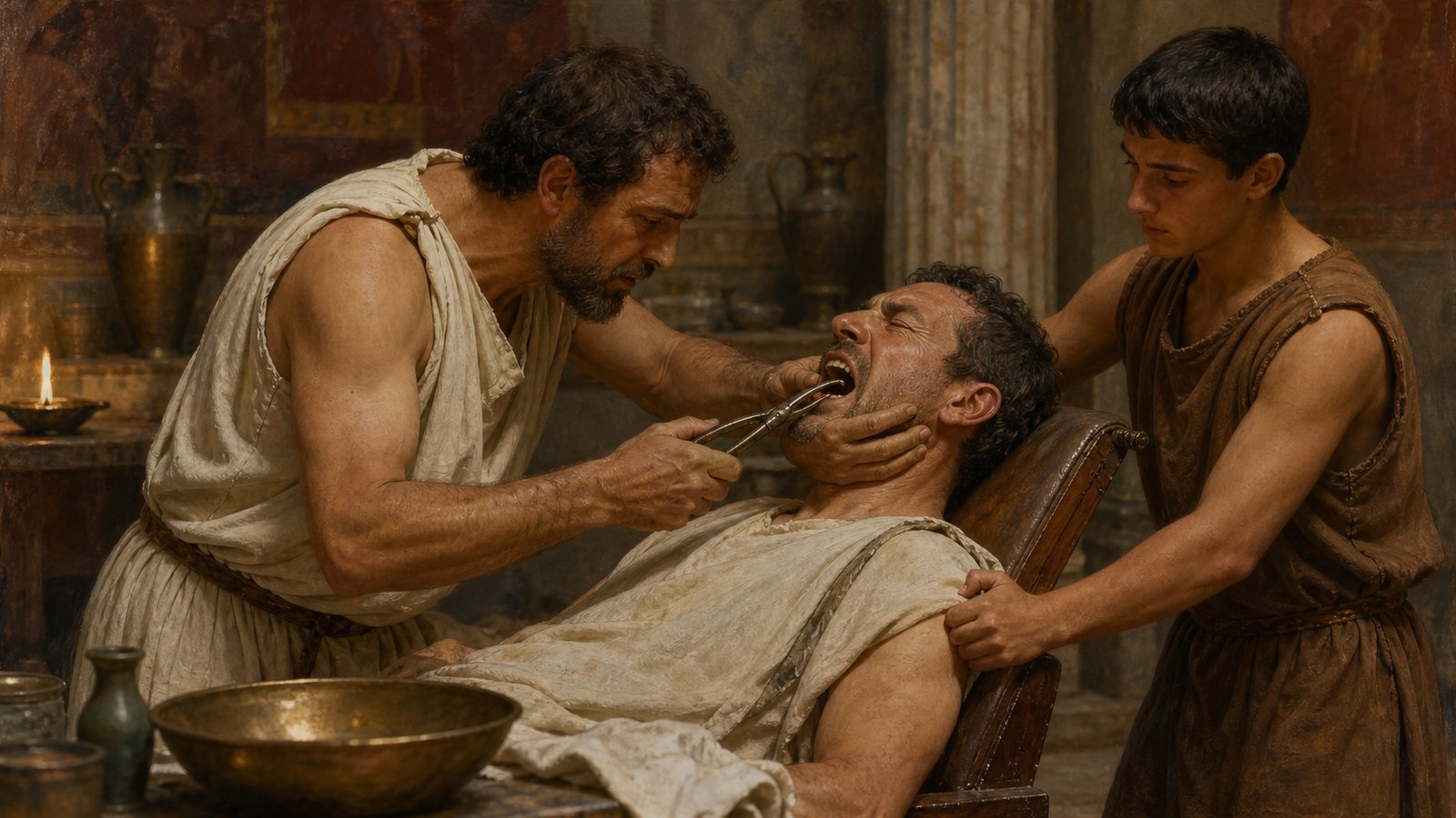 A Roman practitioner prepares for a difficult extraction while an assistant stabilizes the patient and keeps bronze tools within reach.