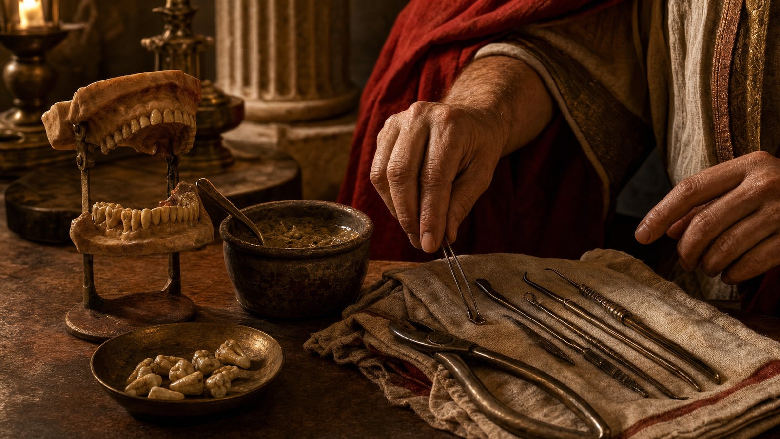 Bronze forceps, probes, linen, and a medicinal bowl show how preparation surrounded the final act of pulling a tooth.