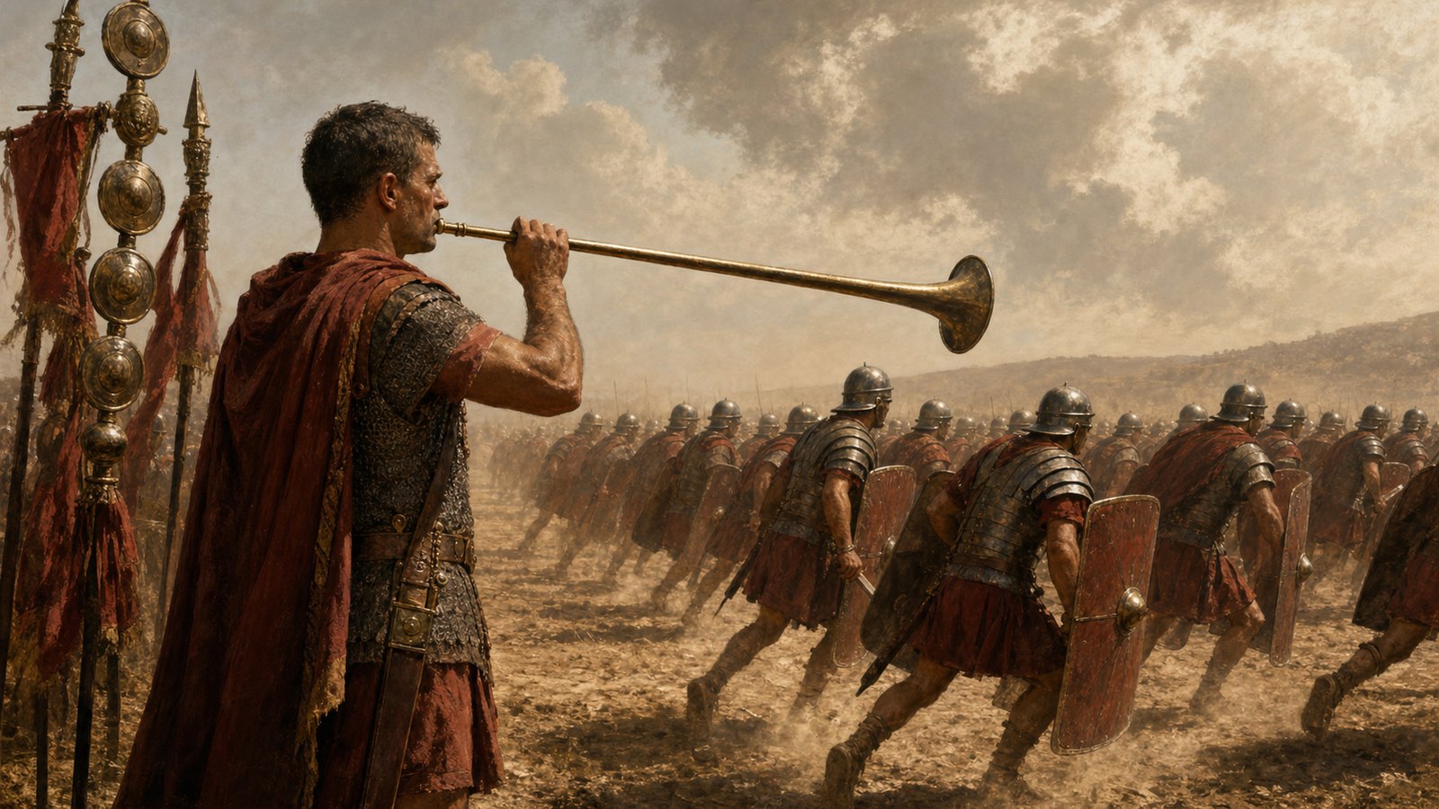 A Roman military musician sounds a long straight tuba beside the standards while ranks turn toward the projected signal.