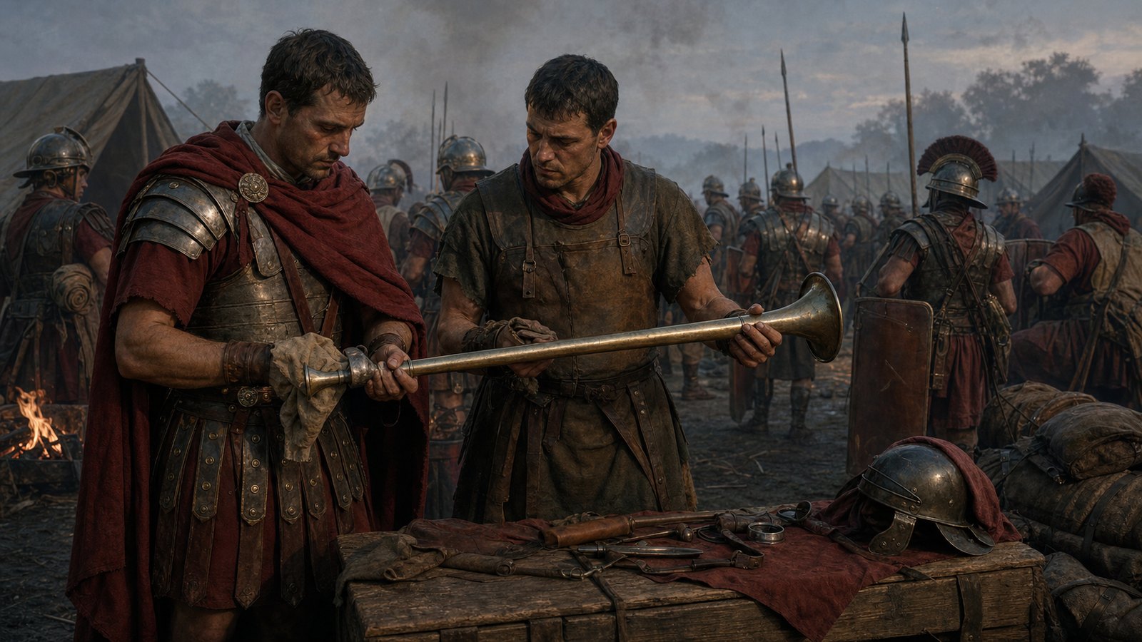 An armorer and tubicen inspect mouthpiece, straight metal tube, and flared bell before a column leaves its marching camp.
