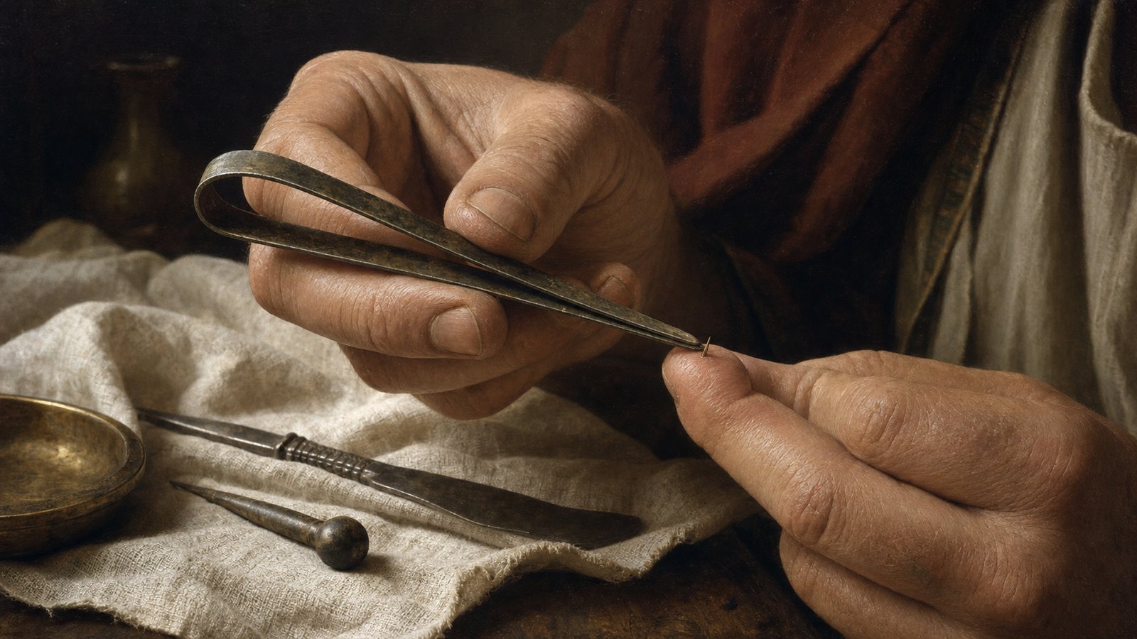 A Roman woman watches a bronze mirror while narrow spring tweezers close on one eyebrow hair.