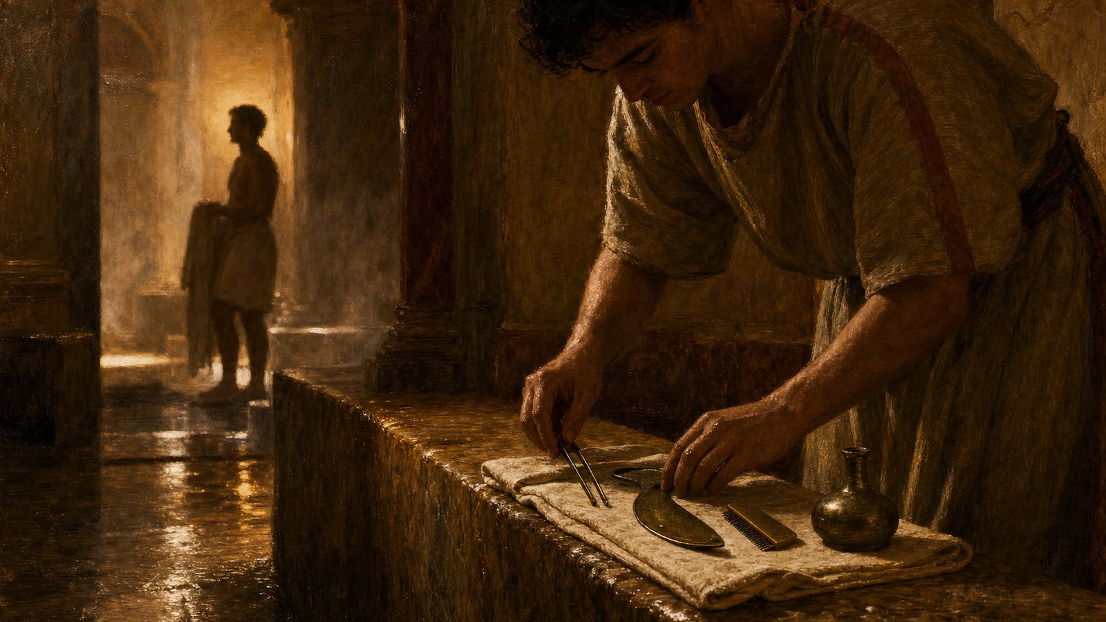 Small bronze tweezers rest among grooming implements in the amber light of a Roman bath dressing room.