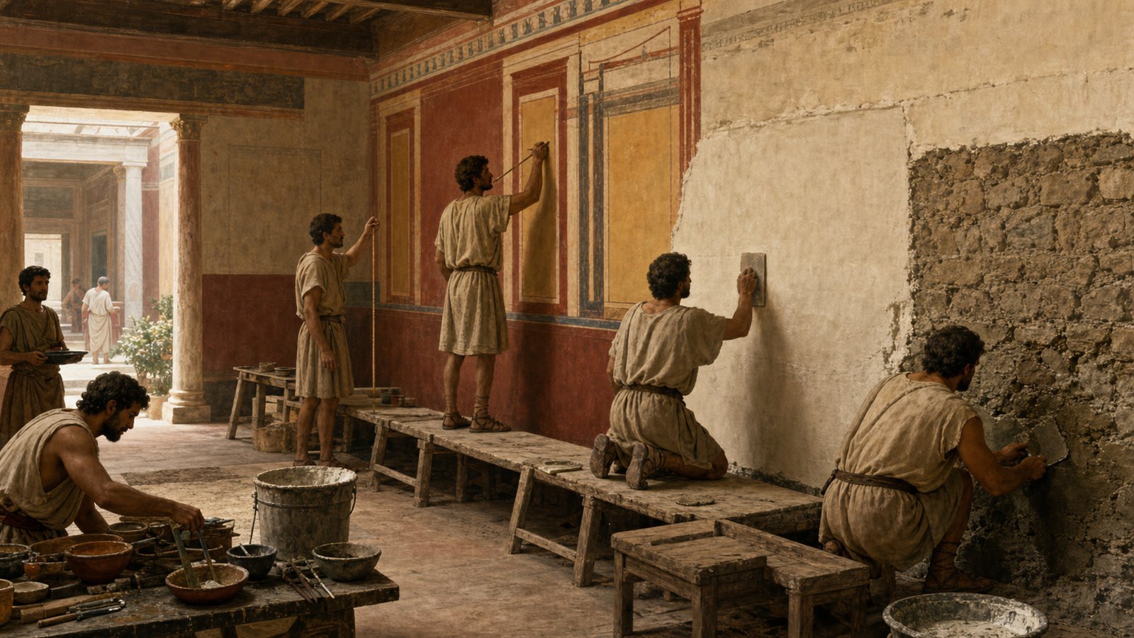 A Roman workshop lays broad color onto fresh plaster while measured guide lines organize an architectural scheme across the room.
