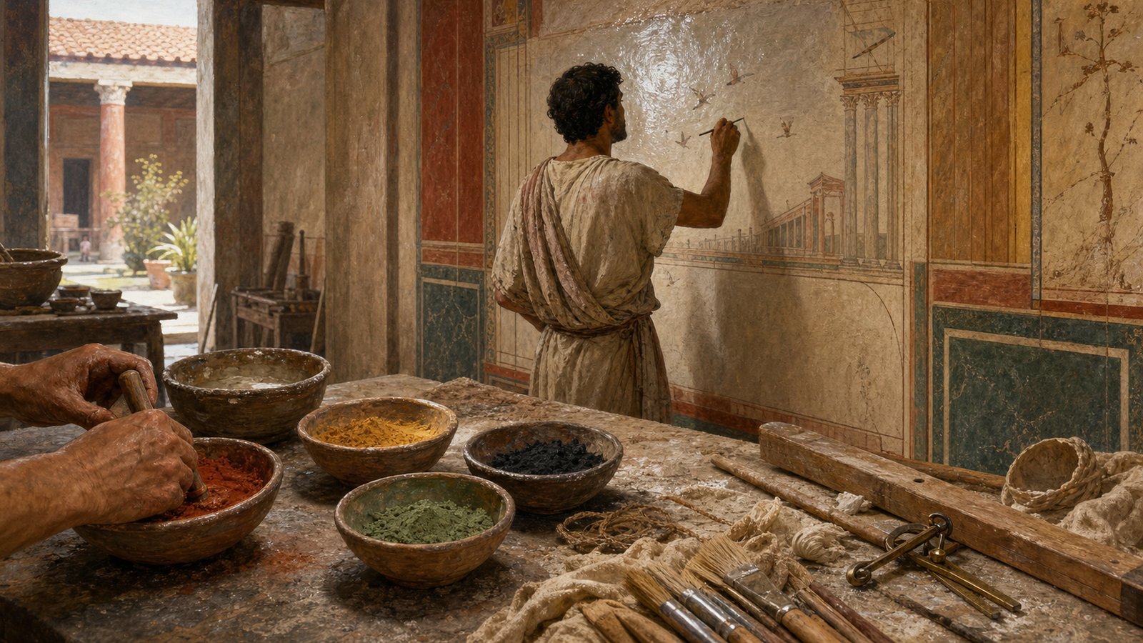 Pigment bowls, straightedges, cords, and polished plaster reveal the construction system beneath a finished Pompeian-style interior.