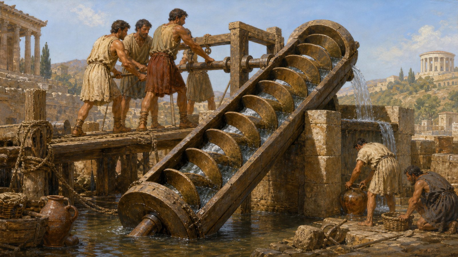Workers rotate an inclined wooden water screw as its lower end gathers water and its raised outlet feeds a channel.