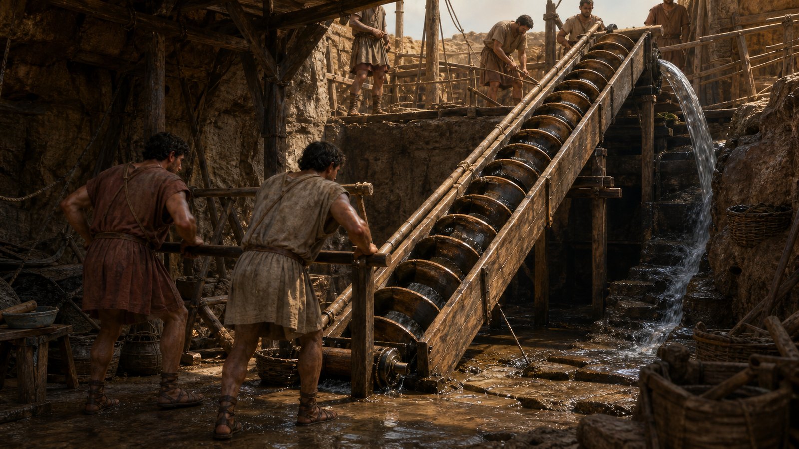Inside the casing, successive helical chambers advance trapped water upward while laborers maintain a steady turn.