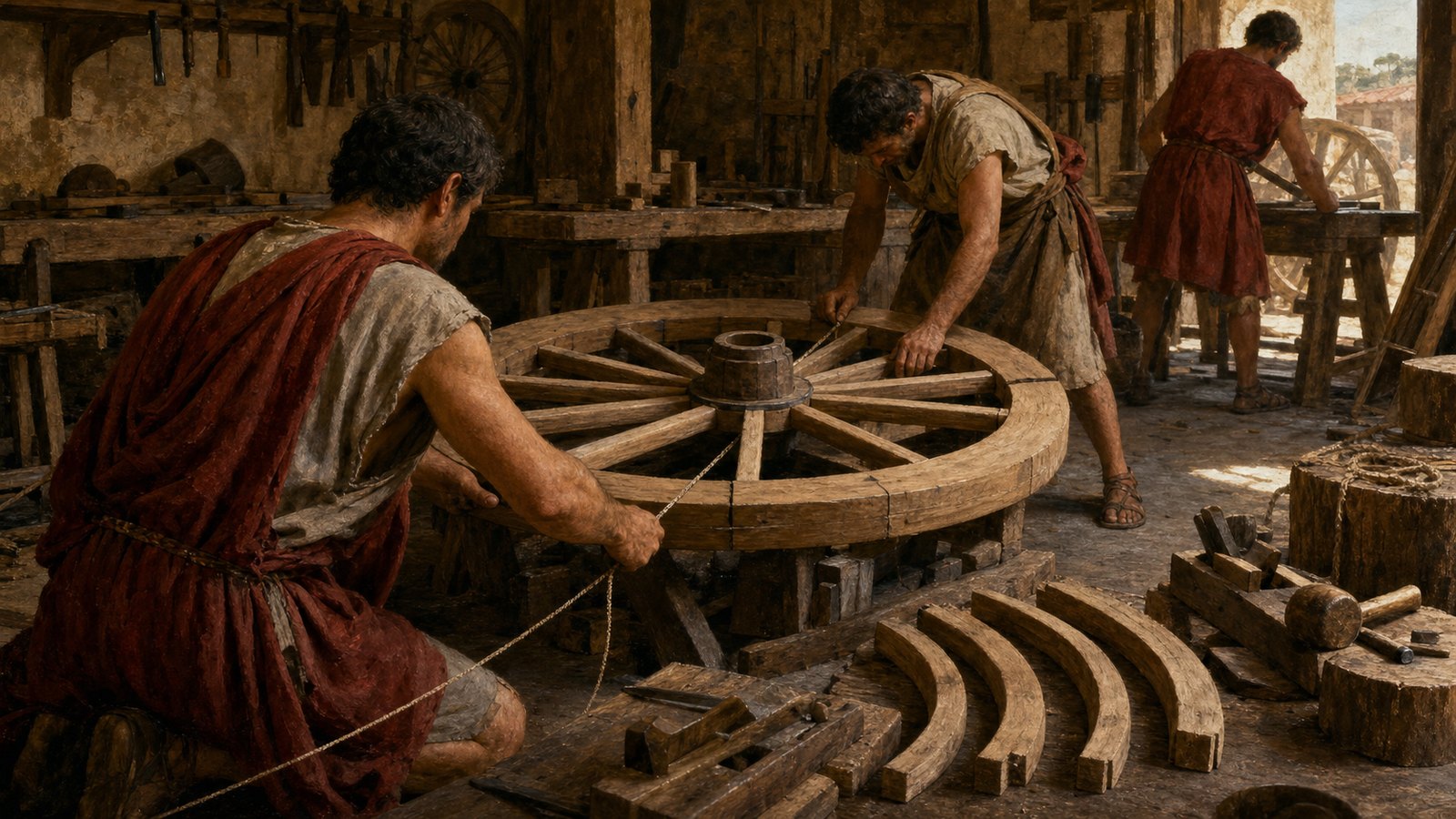 A wheelwright checks the trueness of a hub, spoke and felloe assembly before the iron tire is fitted.