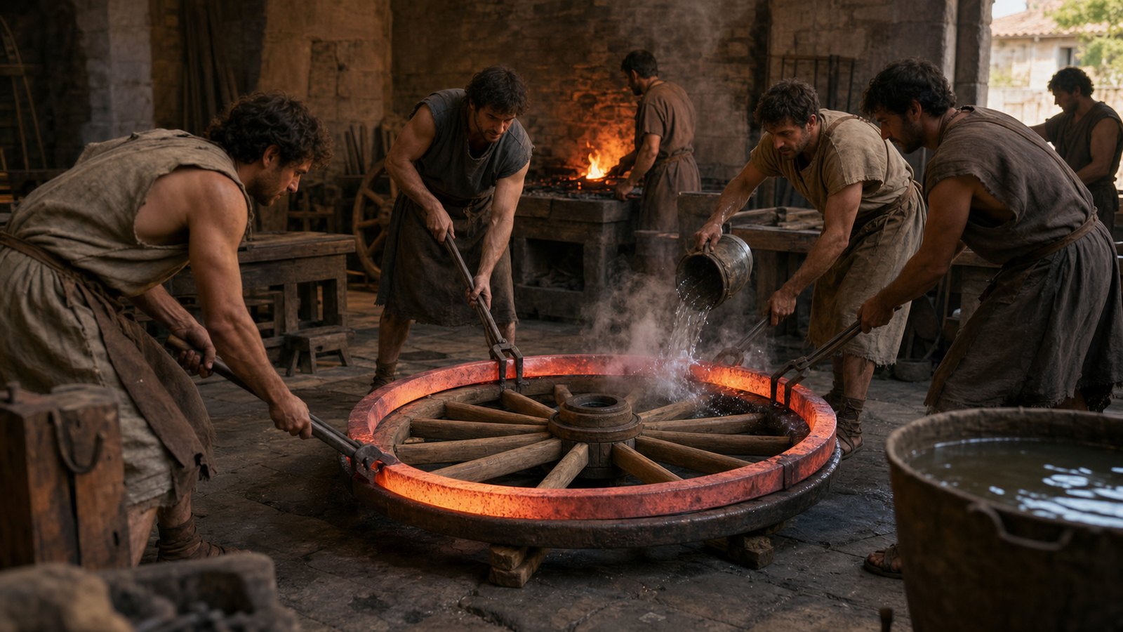Workers lower a heated iron tire over the wooden rim and cool it so contraction clamps the wheel together.