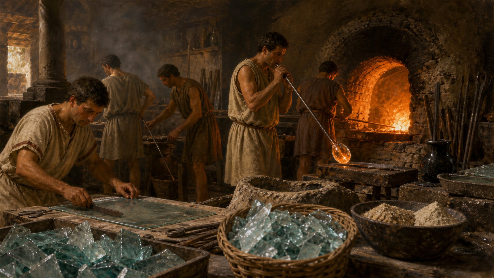 Roman glassmakers controlled furnace heat and recycled fragments before any pale sheet could become architecture.