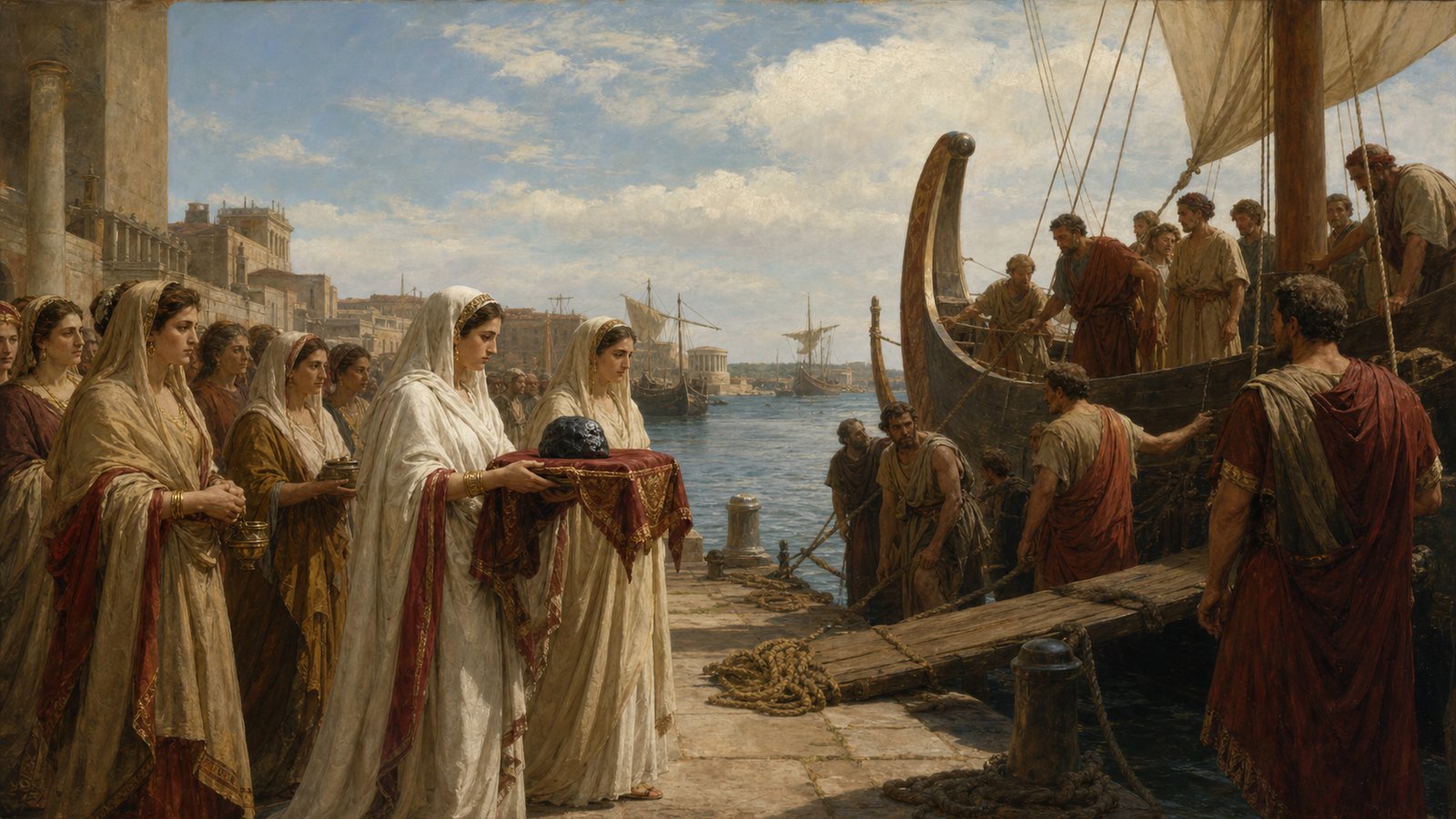 Roman matrons receive the sacred stone from its ship and turn an overseas object into a witnessed civic arrival.