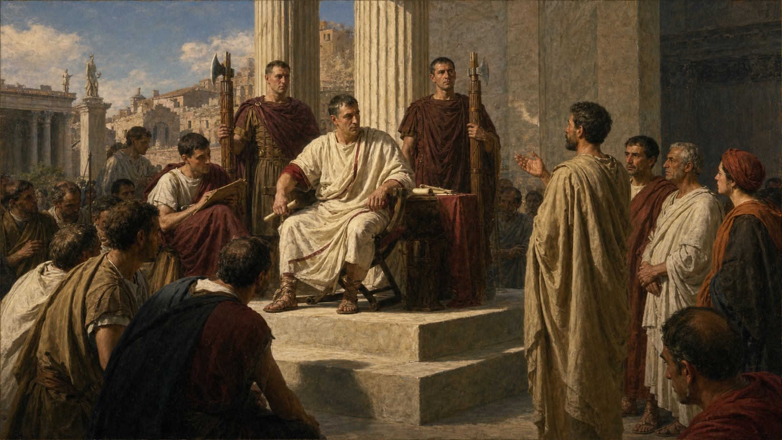 A praetor's folding chair marked the visible center of a Roman legal hearing.