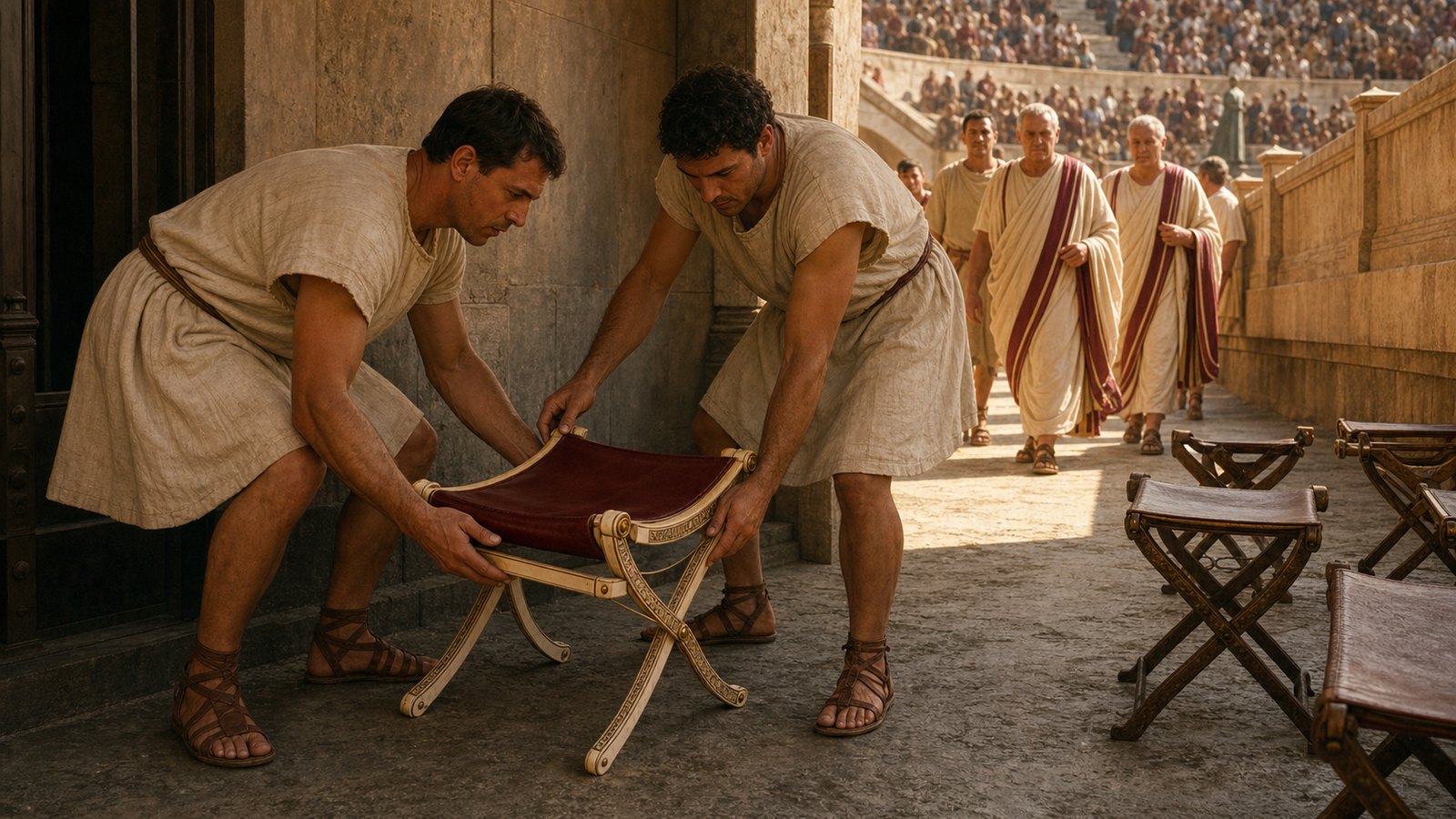 Attendants made portable authority possible by carrying, unfolding, and positioning the official seat.