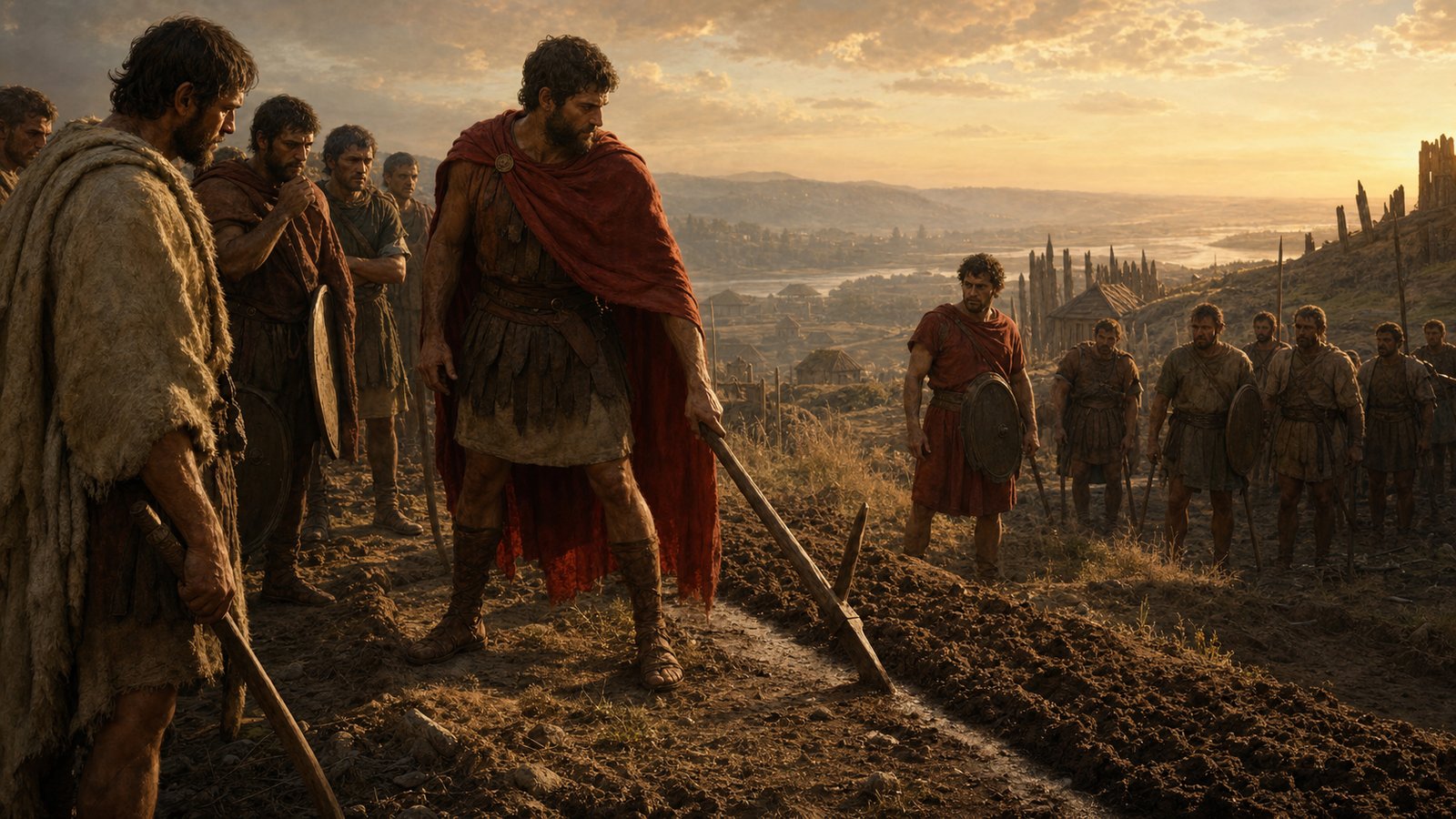 Romulus marking a boundary line on the Palatine as companions watch