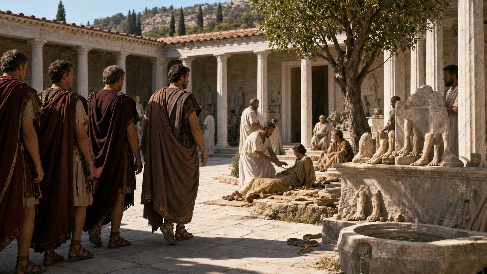 A Roman embassy ship reaches Tiber Island as the sacred serpent of Aesculapius leaves the vessel and selects the river-bound site.