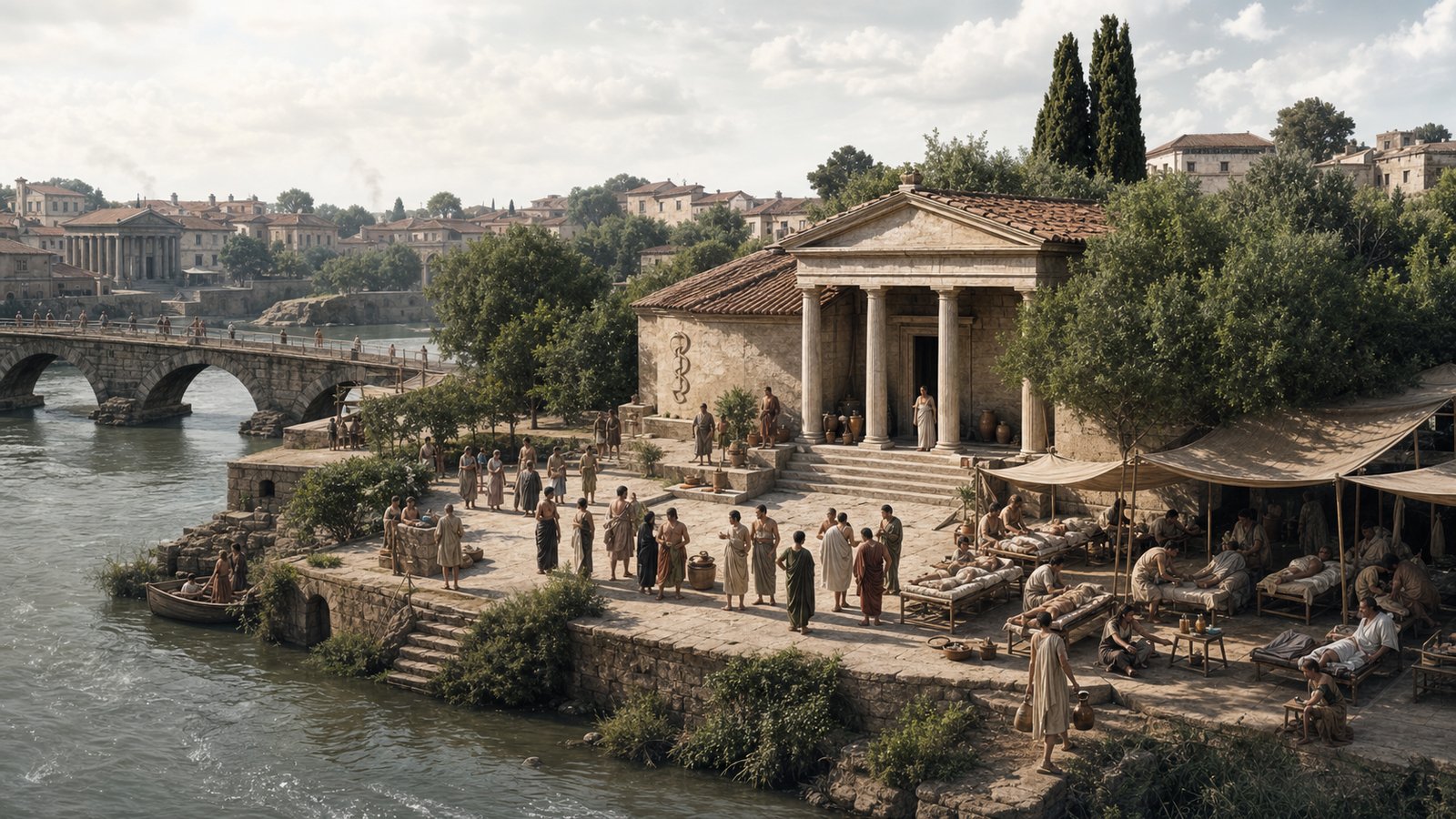 The early sanctuary on Tiber Island gives patients and families a distinct place for ritual care beside the flowing river.