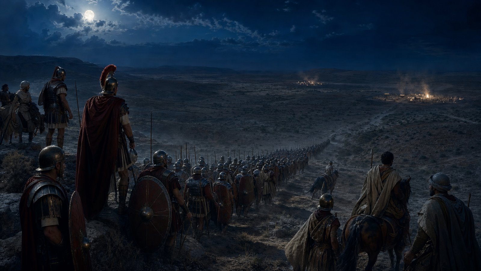 Roman and Numidian troops advance silently toward two camps under a moonlit North African sky