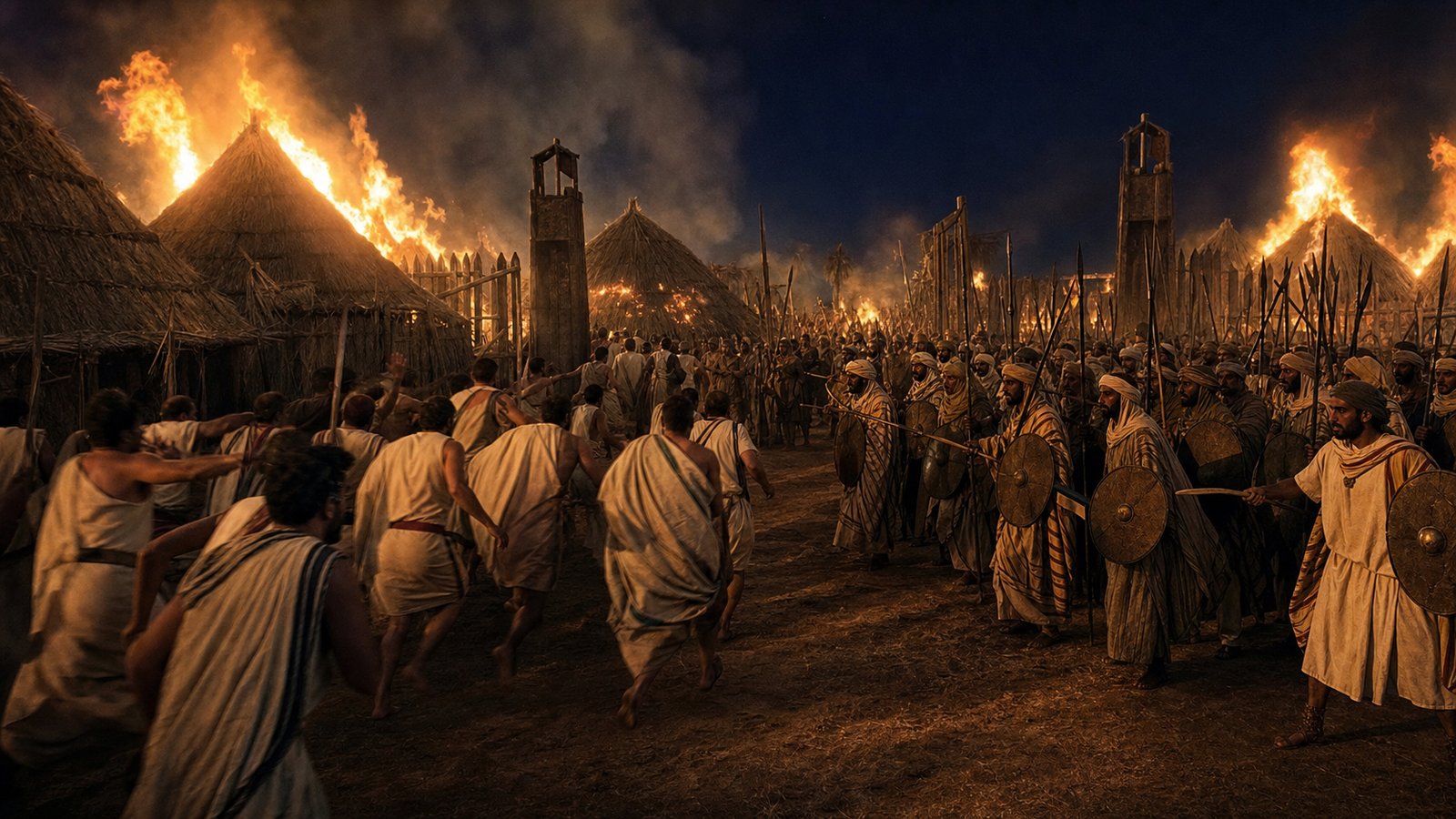 Reed huts burn as unarmed soldiers rush toward blocked camp gates at night