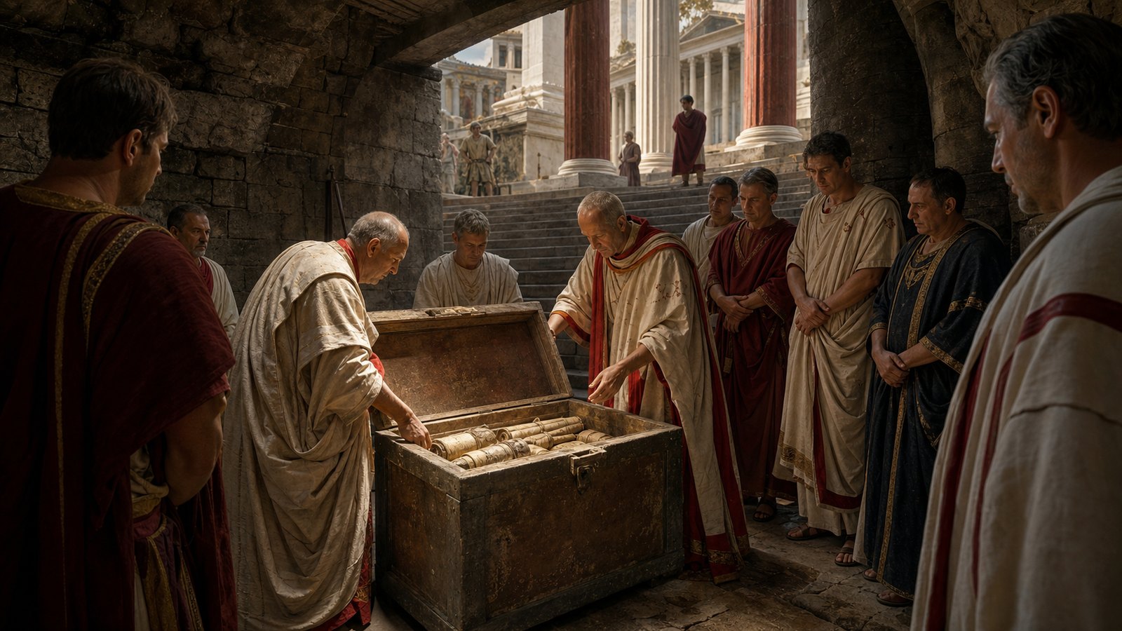 Roman priests opening a guarded chest of prophetic scrolls beneath the Capitoline temple
