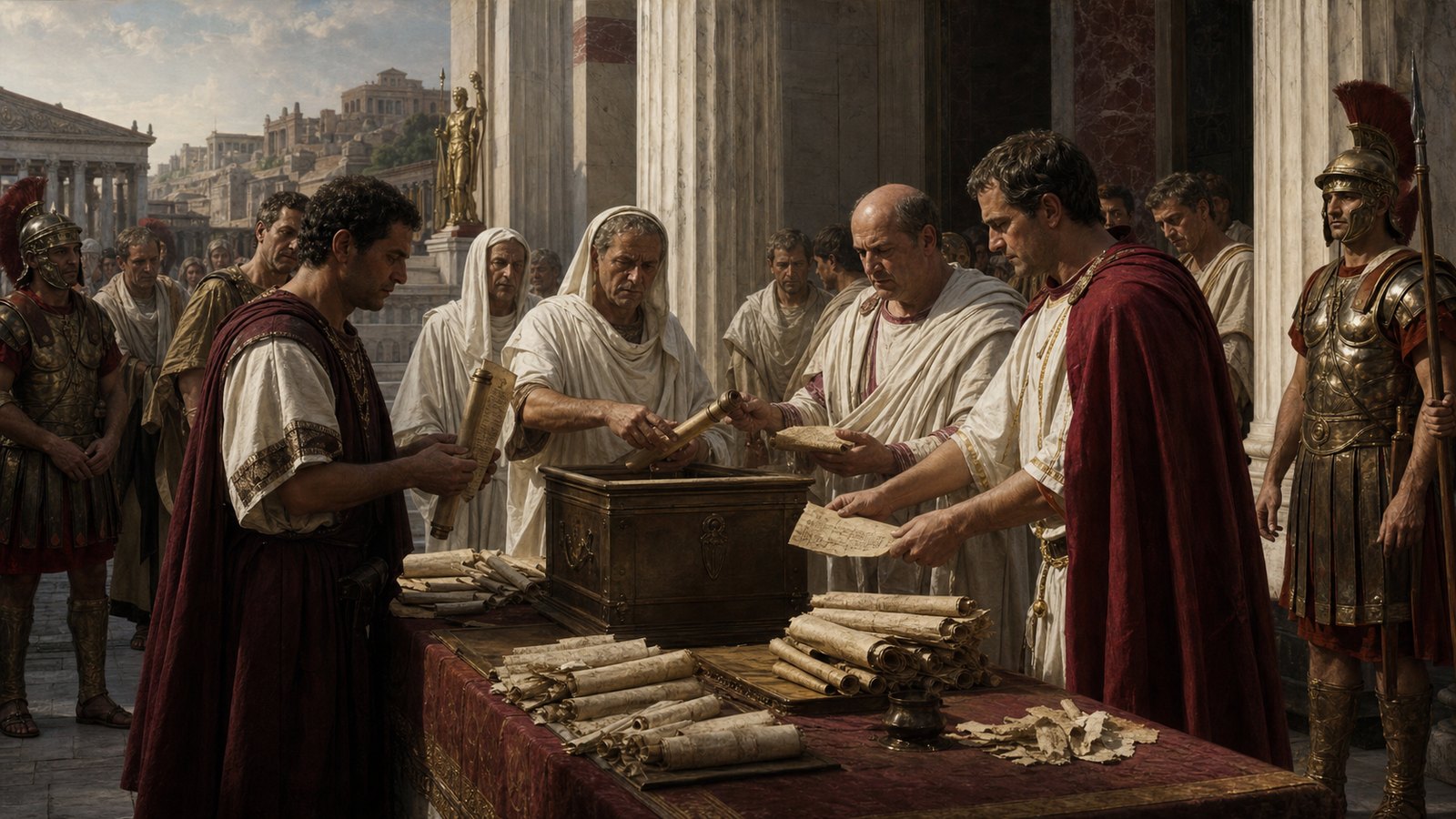 Augustan officials sorting prophetic scrolls near the Palatine temple of Apollo