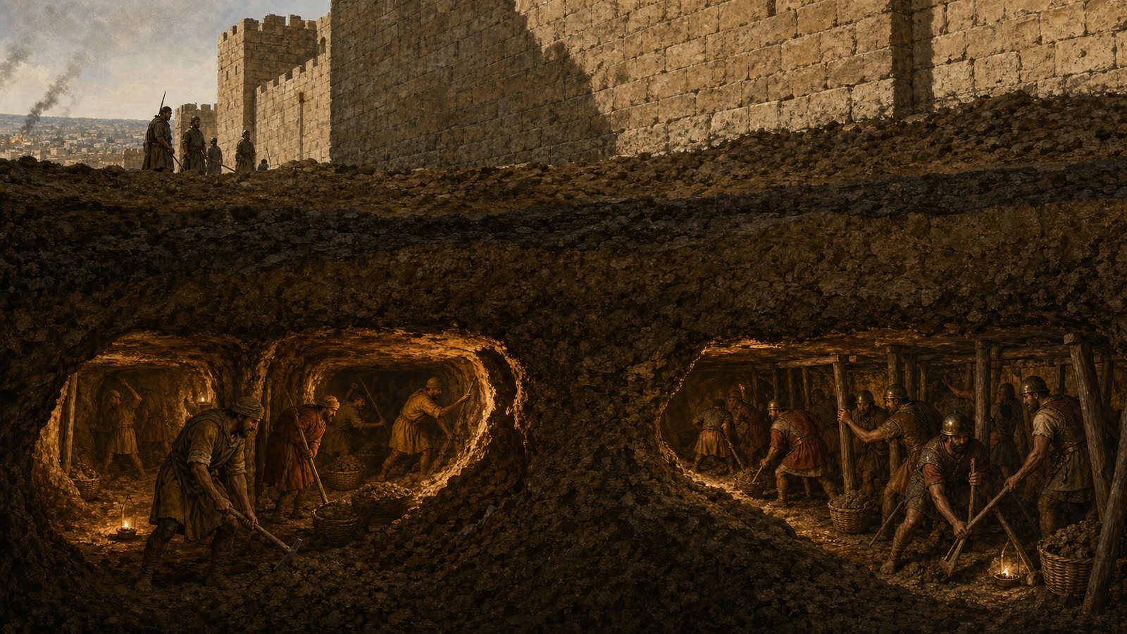 Roman and Sasanian miners drive opposing galleries beneath Tower 19 while the city wall bears down above them.